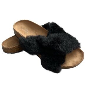 Urban Outfitters black faux fur criss cross slides sandals 6